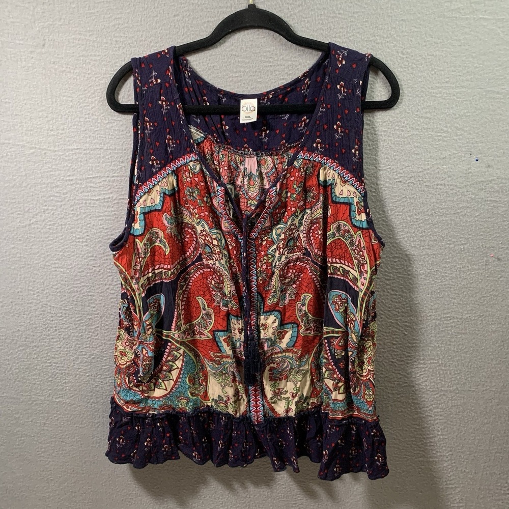 Bila Womens Bohemian Sleeveless Paisley Print Blouse Top Tassel Ruffle XXLarge